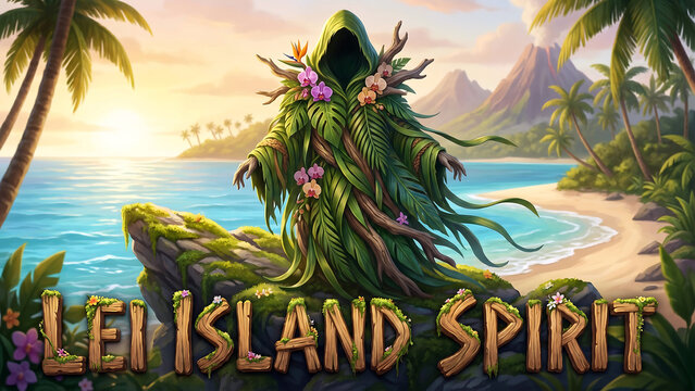 A serene tropical island spirit stands on a mossy rock overlooking a tranquil ocean at sunset with palm trees and a mountain range in the background on a beautiful lei island.