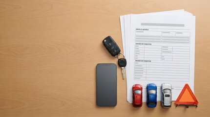 Naklejka premium Car keys and insurance documents on wooden desk with smartphone and toy cars