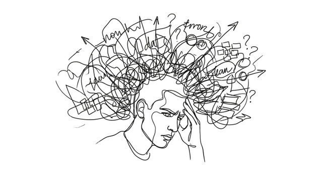 Continuous One Line Head Chaos Illustration &ndash; Stress & Information Overload Abstract Line Art Concept