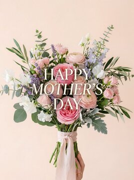 Hand holding floral bouquet with Happy Mother&rsquo;s Day message