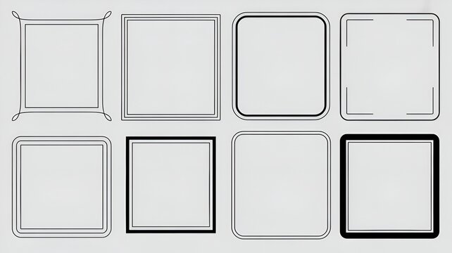 Collection of various black and white photo frames and borders on a gray background for design and decoration purposes