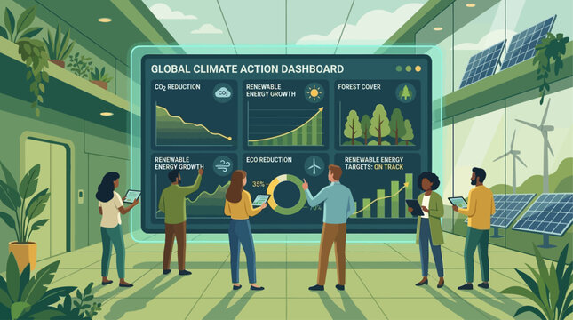 Engaged professionals analyze a comprehensive global climate action dashboard, showcasing commitment to sustainable energy, environmental progress, and a greener future