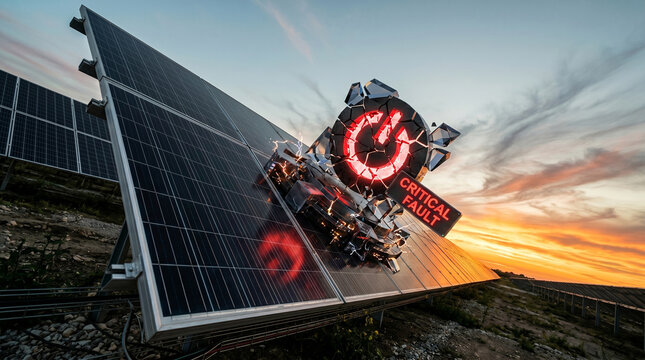 drone inspection of solar panels with thermal imaging camera at sunrise