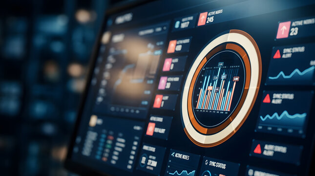 Advanced data analytics dashboard displays real-time statistics with various charts, graphs, and alerts for monitoring system performance and key metrics.