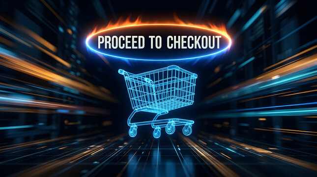 A glowing blue wireframe shopping cart hovers above a dark digital surface, symbolizing the final step in online purchasing with an illuminated "Proceed to Checkout" button above it.