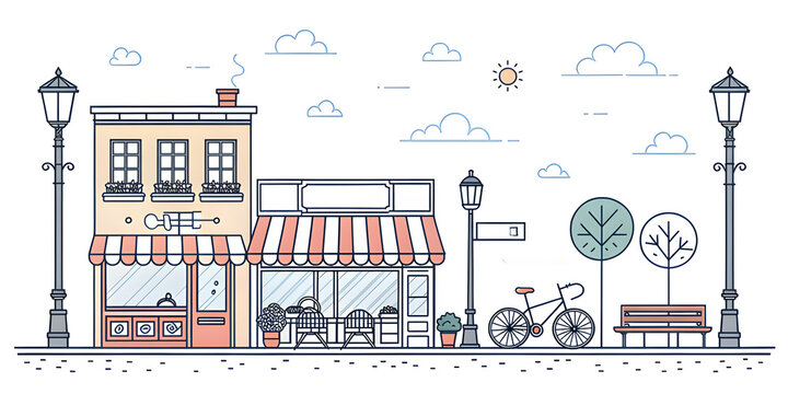 Cozy small town street with caf&eacute;s, boutiques, bicycles and lamp posts, in flat line art style, perfect for postcards, greeting cards or textile prints
