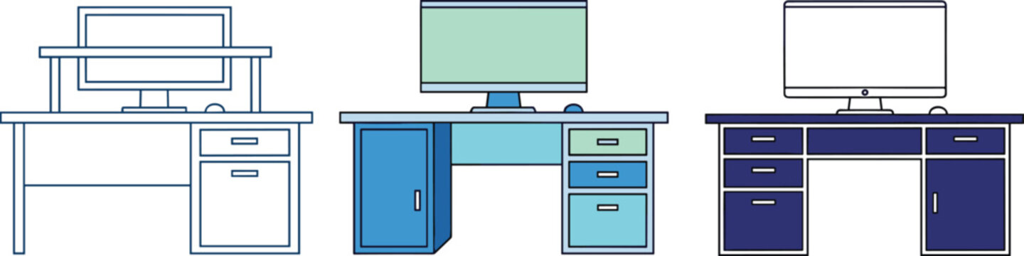 Set of Three Modern Computer Desk Illustrations in Different Blue Color Palettes Featuring Desktop Monitors, Drawers, Cabinets, and Minimalist Workspaces,