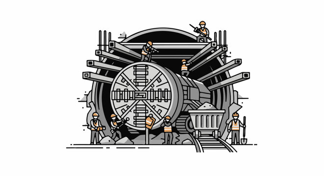 Workers operate a tunnel boring machine for underground construction