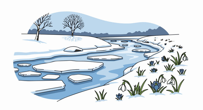 Winter thaw ice floes drift past snowdrops on a riverbank