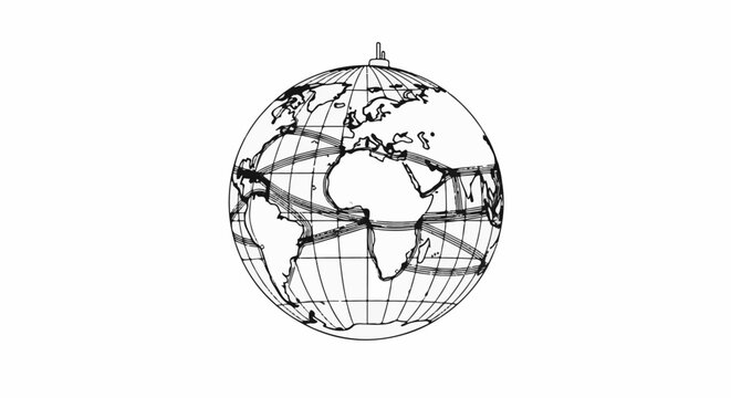 Wireframe globe with interconnected lines representing routes across continents and oceans
