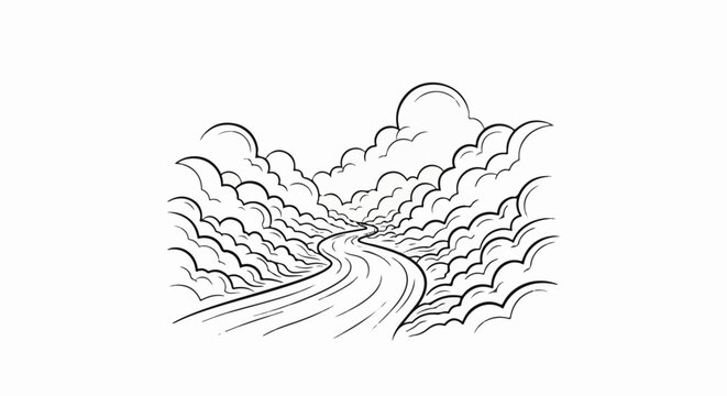 Winding road through fluffy clouds, black ink drawing