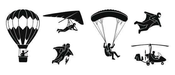 Obraz premium Extreme Sports Air Transport Icons, Hot Air Balloon, Paragliding, Wingsuit Flying and Gyrocopter Silhouettes for Adventure Travel and Aviation Design Vector Set Collection