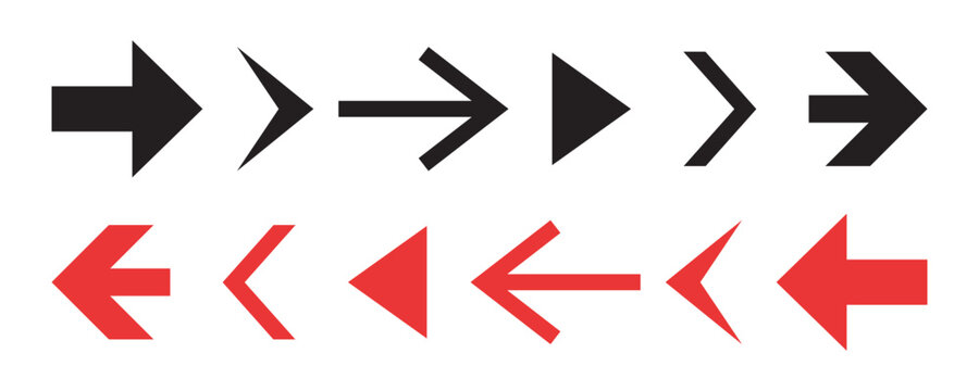 Arrow icon set. Red arrow symbol, cursor click sign. Pointer, navigation, next, forward