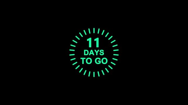 11 days to go animation with cyan doth circle animation on black background. Animated of days counter number. Promotion concept.