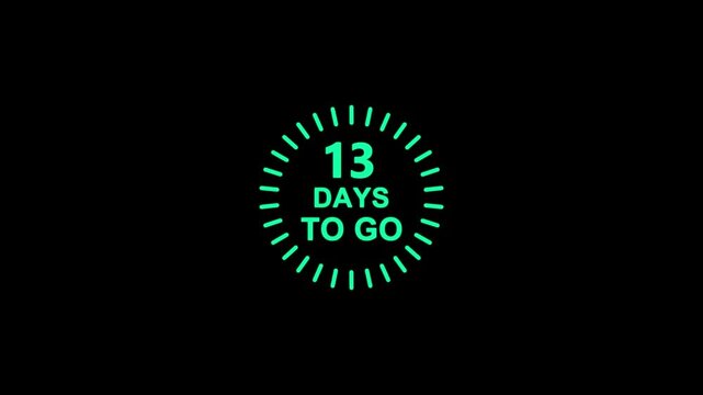 13 days to go animation with cyan doth circle animation on black background. Animated of days counter number. Promotion concept.
