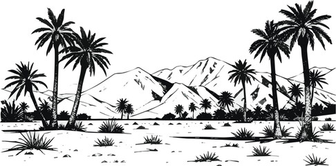 Generated on Black and white illustration of a desert landscape with palm trees, mountains, and sparse vegetation on white background © MdMasud