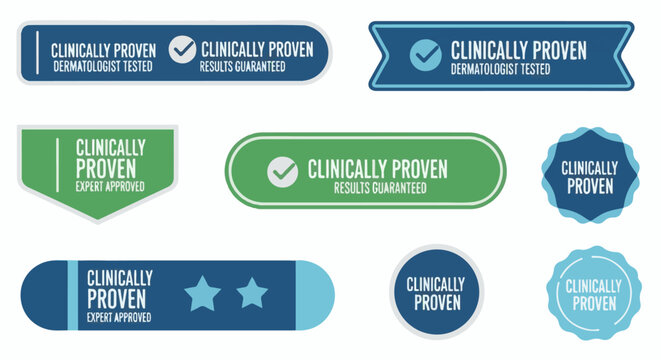 Various clinically proven badges and seals in blue and green hues
