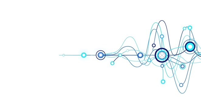 Abstract blue wave lines and circles representing data flow, technology, or scientific research on a white background.