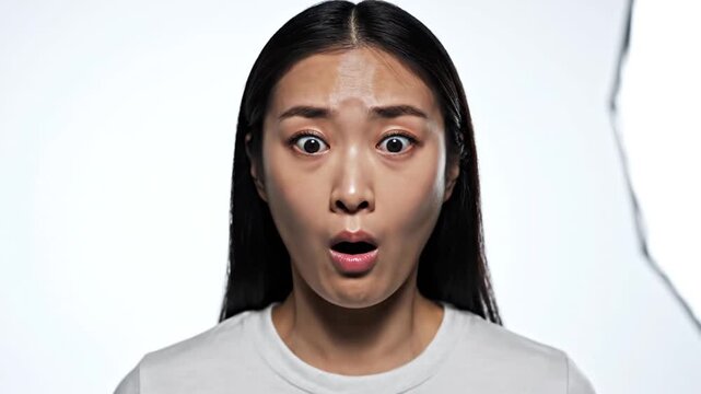 Womans expression of surprise or shock on white background