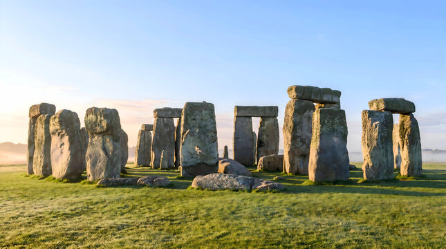 Stonehenge ancient monument at sunrise with misty background