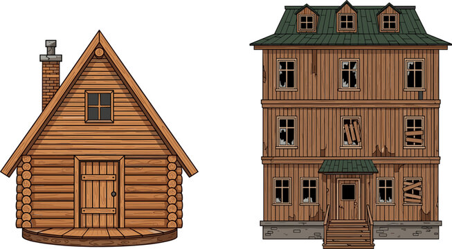 Wooden houses comparison with cozy log cabin and abandoned damaged building, rustic architecture contrast, detailed flat vector illustration isolated on background