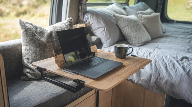 laptop on foldable table camper workspace remote work van life modern nomad lifestyle