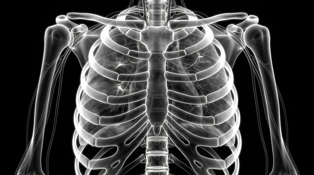 A detailed X-ray image of a human skeleton's ribcage and upper body