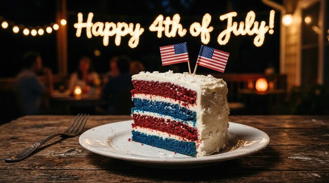 Festive american independence day celebration red white and blue cake with flags