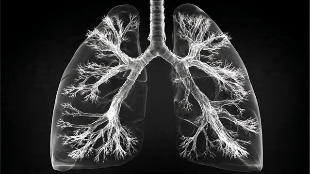 An X-ray image of human lungs shows the trachea and bronchi in a dark environment.