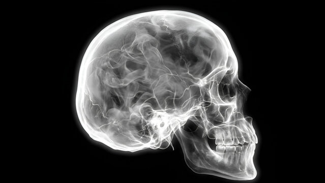 Medical x-ray image of a human skull profile showing bone structure