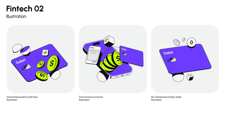 A clean and modern fintech illustration pack focused on financial workflows and UI states. vector illustration