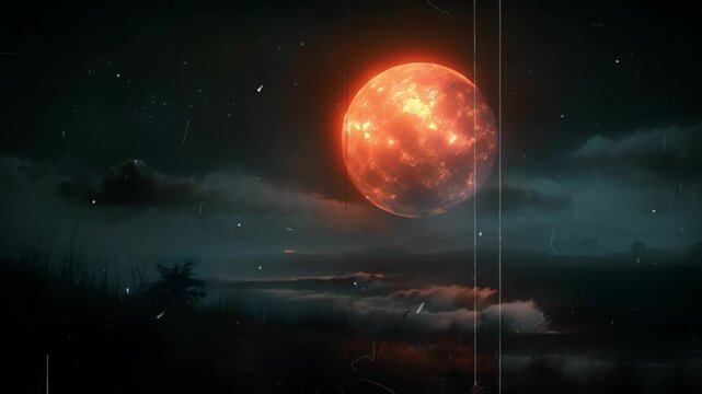 dramatic red supermoon rising over stormy clouds