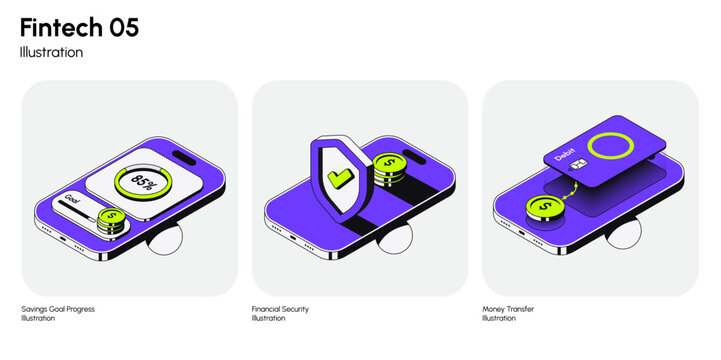 Modern fintech illustration set showcasing key financial app features including savings goal progress, secure money protection, and seamless money transfer. Vector illustration