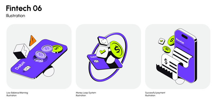 Modern fintech illustration set focused on billing and payments. This collection includes invoice receipt, payment confirmation, and billing-related UI concepts. Vector illustration