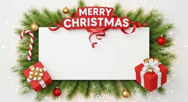 Festive merry christmas card with gifts pine branches and decorations frame