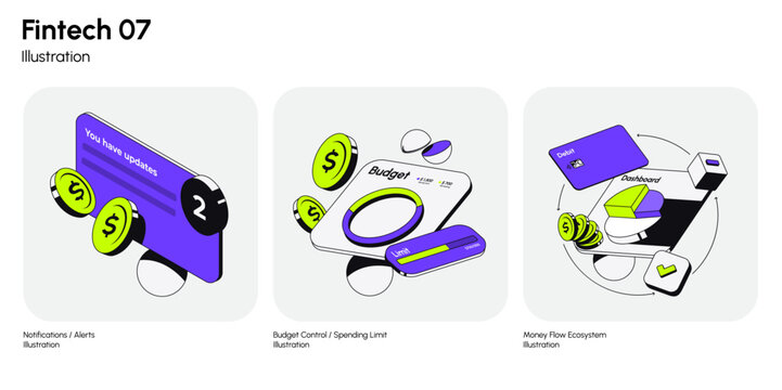 Modern fintech illustration set featuring money flow, budgeting, notifications, and payment UI concepts in clean isometric style. Perfect for finance apps and dashboards. Vector illustration
