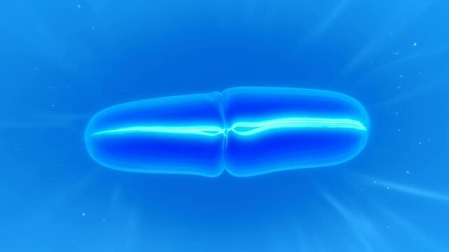 Microscopic animation of glowing blue cell dividing into two