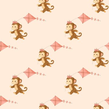 Adorable seamless pattern with cute baby monkeys flying kites on a soft beige background. Playful and sweet design perfect for nursery decor, kids textiles, wrapping paper, and charming fabric prints