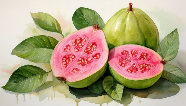 watercolor painting of fresh pink guava fruit halves with green leaves