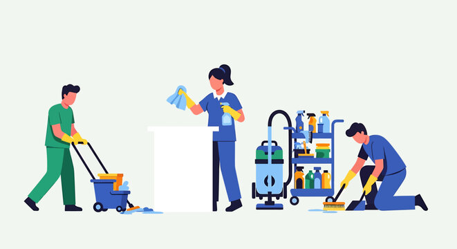 Professional cleaning crew diligently working together to maintain a spotless environment with specialized equipment.