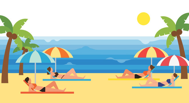 People relaxing and sunbathing on a sandy beach with palm trees and umbrellas under a bright sun and blue ocean.