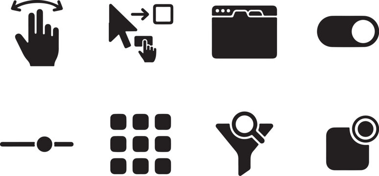 Black UI icons set, web interface symbols, user interface elements, modern design graphics
