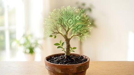 Fototapeta premium Potted plant with a glowing digital circuit pattern forming its leaves indoors technology innovation futuristic connection information sustainability interior abstract biotechnology outdoors