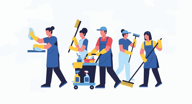 A diverse team of cleaning professionals working together with various tools and equipment to maintain a spotless environment.