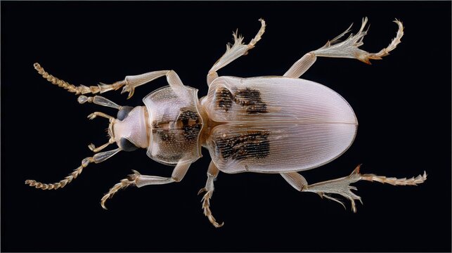 macro beetle exoskeleton structure, milky white translucent shell, organic skeletal form, isolated on pure black background, dramatic contrast