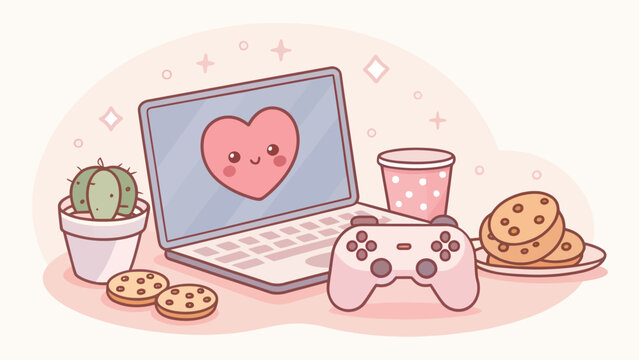 Cozy gaming setup with laptop controller cookies and heart on screen in pastel colors