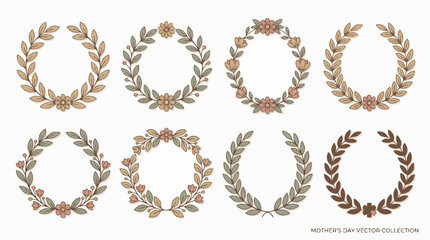 Fototapeta premium Collection of eight decorative floral wreaths and laurel branches with floral accents, presented in a two-row grid against a white background.