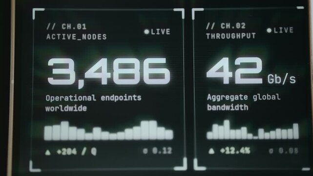 Real-time network status metrics, count of active nodes and global bandwidth usage