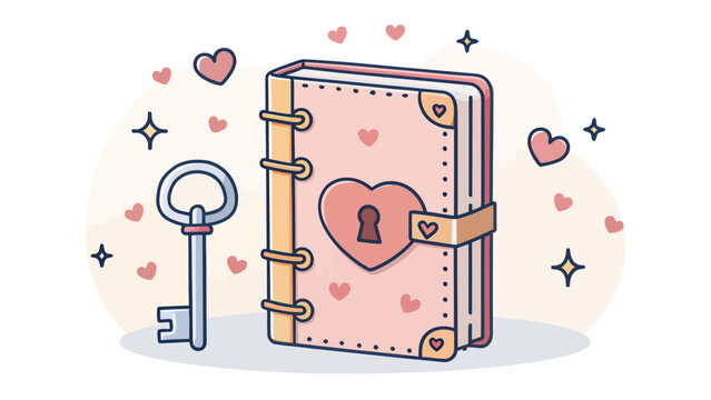 Love themed diary with heart lock and key vector illustration for valentine's day or romantic concepts