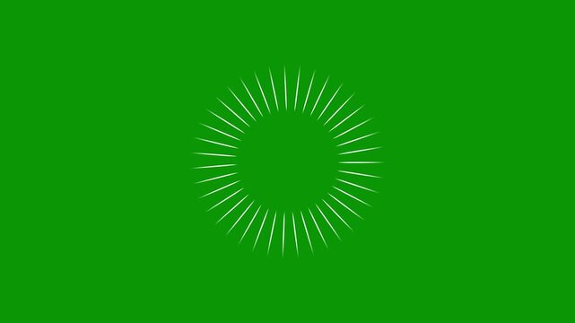 Vibrant circle pop up firework animation with bright line bursts, glowing spark trails, and geometric explosion patterns on a green background, smooth and detailed 4k video loop for motion graphics
